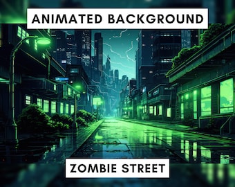 Animated Background for Twitch, Rainy Zombie Street, Green lit alley, Vtuber background animated,stream overlay, Halloween, Spooky, Graffiti