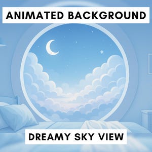 Puede incluir: Un fondo animado con una vista de cielo de ensueño. La imagen presenta una escena de dormitorio con una gran ventana circular que muestra una luna creciente, estrellas y nubes esponjosas. La habitación está decorada en tonos azules, con una cama, almohadas y una mesita de noche.