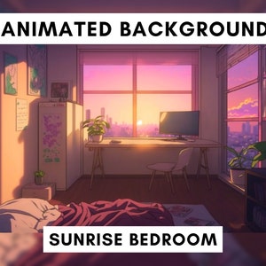 Vtuber Animated Background for Twitch, Lofi bedroom, lofi stream overlay, looped background, cozy ambience style, looped vtuber background