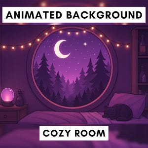 Op de afbeelding: Een geanimeerde achtergrondafbeelding van een gezellige kamer in paarse tinten. De scène bevat een bed, een raam met uitzicht op een bos en maan, een boekenplank en een slapende zwarte kat. Tekst luidt "ANIMATED BACKGROUND" en "COZY ROOM".