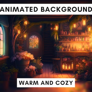 Animated Background for Twitch, Magical lofi stream overlay, looped background, cozy ambience style, looped vtuber background, cute, fantasy