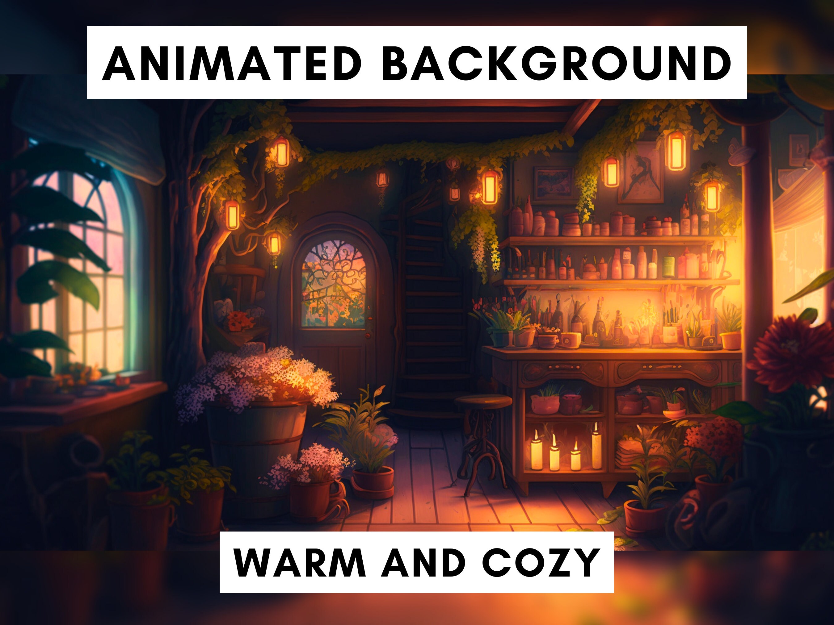 Animated Background for Twitch, Magical lofi stream overlay, looped background, cozy ambience style, looped vtuber background, cute, fantasy