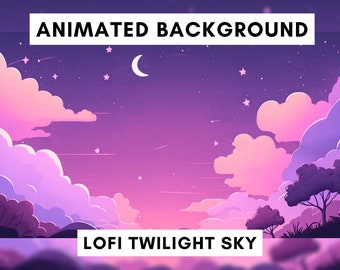 Vtuber animated background for Twitch, Lofi night sky, lofi stream overlay, looped background, cozy ambience style, cute vtuber background