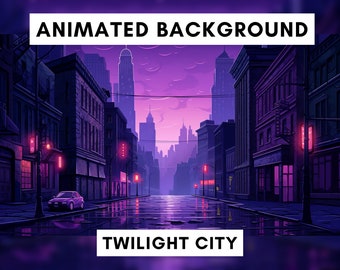 Vtuber Animated Background for Twitch, Twilight city, purple stream overlay, looped background, cozy ambience style vtuber background
