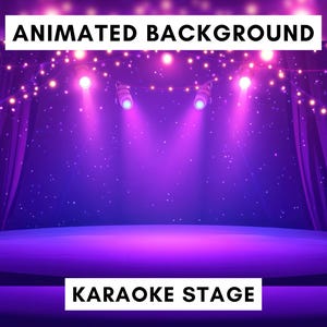 Puede incluir: Fondo animado de escenario de karaoke con un escenario, cortinas y focos morados. El texto "ANIMATED BACKGROUND" está en la parte superior y "KARAOKE STAGE" en la inferior. También son visibles luces de cadena.