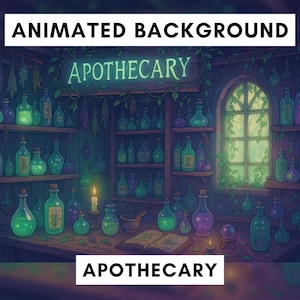 Może przedstawiać: Cyfrowa ilustracja sklepu zielarskiego z półkami wypełnionymi szklanymi butelkami o różnych rozmiarach i kolorach. Znak nad drzwiami głosi "APOTHECARY". Wyświetlane są również słowa "ANIMATED BACKGROUND" i "APOTHECARY".