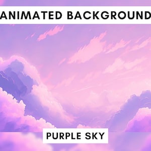 Può includere: Sfondo animato con un cielo viola e nuvole bianche soffici. Il testo "PURPLE SKY" è nella parte inferiore dell'immagine.