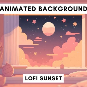 Vtuber Animated Background for Twitch, Lofi sunset, lofi stream overlay, looped background, cozy ambience style, cute vtuber background