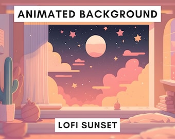 Fondo animado de Vtuber para Twitch, puesta de sol de Lofi, superposición de transmisión de lofi, fondo en bucle, estilo de ambiente acogedor, lindo fondo de vtuber