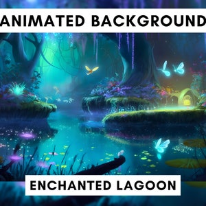 Könnte beinhalten: Ein animierter Hintergrund mit einer leuchtend blauen Lagune, umgeben von üppigem grünem Laub und leuchtend violetten Blumen. Die Lagune ist von einem dunklen Wald mit leuchtend blauen Schmetterlingen und Glühwürmchen umgeben. Der Text "ENCHANTED LAGOON" befindet sich am unteren Rand des Bildes.