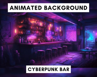 Animated Background for Twitch, Cyberpunk bar, purple stream overlay, looped background, vtuber background, lofi neon theme