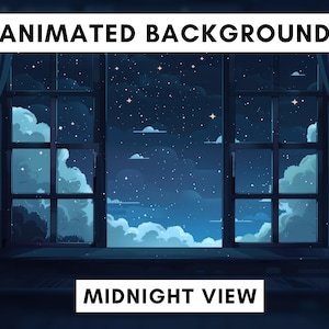 Puede incluir: Imagen de fondo animada de una escena nocturna vista a través de una ventana. El cielo azul oscuro está lleno de estrellas y nubes. El texto "ANIMATED BACKGROUND" y "MIDNIGHT VIEW" se muestra.