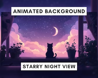 Vtuber animated background, Live wallpaper, Cat watching the stars, Kitten at night, Starry night sky, lofi stream scene, looped video