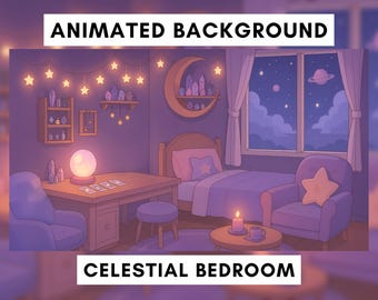 Vtuber Animated Background, Celestial Bedroom, Witchy theme, Tarot room, Stars, Twitch Stream Overlay, Gaming Room, Moon, Stream background