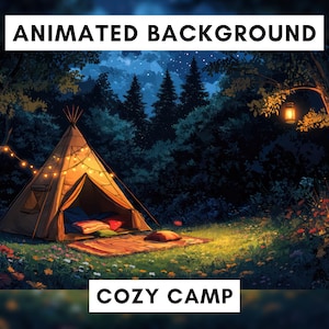 Animerad bakgrund för Twitch, Vtuber-bakgrund, Lofi-scen, mysig läger, sommarnatt, campingscen, ljusslingor, trädkoja, skog, höst