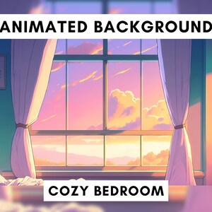 Könnte beinhalten: Ein animierter Hintergrund mit einem gemütlichen Schlafzimmer mit einem großen Fenster, das auf einen Sonnenuntergang blickt. Das Schlafzimmer hat weiße Vorhänge, ein Bett mit einer weißen Bettdecke, einen Nachttisch mit einer Lampe und eine Kommode mit einer Pflanze darauf. Der Text "ANIMATED BACKGROUND" befindet sich oben im Bild, und der Text "COZY BEDROOM" befindet sich unten.