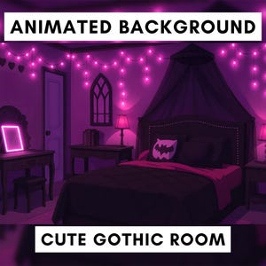 Puede incluir: Ilustración animada de una linda habitación gótica en tonos morados. La habitación cuenta con una cama con dosel, un tocador con un marco brillante y luces de cadena. Se muestra el texto "ANIMATED BACKGROUND" y "CUTE GOTHIC ROOM".