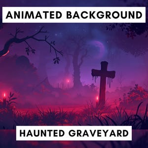 以下が含まれることがあります： 夜の幽霊墓地の、アニメーション背景画像。大きな十字架が特徴で、紫とピンクの色使いです。「ANIMATED BACKGROUND」と「HAUNTED GRAVEYARD」の文字が白で表示されています。