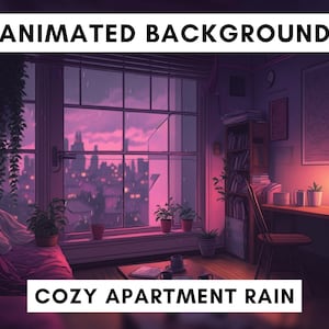 Vtuber Animated Background for Twitch, Cozy lofi rain, purple stream overlay, looped background, cozy ambience style, vtuber background