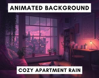 Fondo animado de Vtuber para Twitch, lluvia lofi acogedora, superposición de flujo púrpura, fondo en bucle, estilo de ambiente acogedor, fondo de vtuber