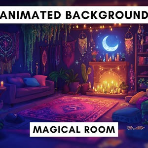 May include: A magical room with a fireplace, a couch, and a rug. The room is decorated with candles, plants, and other magical items. The text "MAGICAL ROOM" is written on the rug.