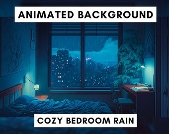 Animowane tło Vtuber dla Twitch, Przytulny deszcz w sypialni lofi, nakładka niebieskiego strumienia, zapętlone tło, przytulna atmosfera, tło vtuber