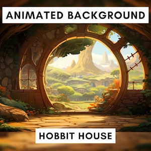 Puede incluir: Imagen de fondo animada de una casa Hobbit. La escena presenta una puerta redonda con vistas a un exuberante paisaje verde con montañas. La puerta está enmarcada por una estructura de madera y rodeada de follaje y flores.
