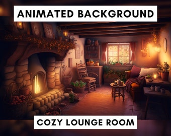 Könnte beinhalten: Ein gemütliches Wohnzimmer mit einem Kamin, einem Sofa, einem Stuhl und einem Tisch mit einer Tasse Tee. Der Raum ist mit Pflanzen und einem Kranz aus Herbstlaub dekoriert. Der Text "Cozy Lounge Room" befindet sich am unteren Rand des Bildes.