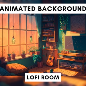 Vtuber Animated Background for Twitch, Lofi bedroom, lofi stream overlay, looped background, cozy ambience style, cozy vtuber background