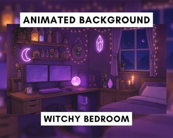 Vtuber Animated Background, Witch Bedroom, Gothic Room, Gaming Background, Halloween, Spooky, Tarot theme, Celestial, Purple, Magical
