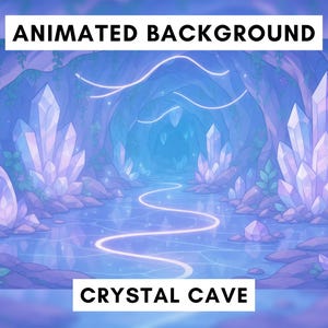 May include: An animated background image of a crystal cave. The scene features large, glowing crystals in shades of purple and white. An illuminated path winds through the cave, with the text "ANIMATED BACKGROUND" and "CRYSTAL CAVE" displayed.