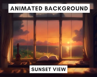 Vtuber-geanimeerde achtergrond voor Twitch, zonsondergang, lofi-stream-overlay, lusachtergrond, gezellige sfeerstijl, lusvormige vtuber-achtergrond