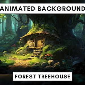 May include: A cartoon illustration of a treehouse in a forest. The treehouse is built into a large tree with a thatched roof and a wooden door. The treehouse is surrounded by green trees and bushes. The text "ANIMATED BACKGROUND" is at the top of the image and the text "FOREST TREEHOUSE" is at the bottom of the image.