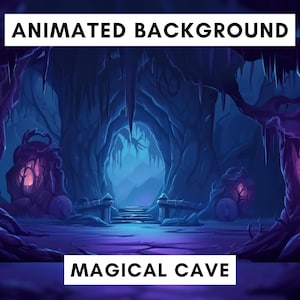 Peut inclure: Image d'arrière-plan animé d'une grotte magique. La grotte est bleu foncé et violette avec des accents roses brillants. Le texte "ANIMATED BACKGROUND" et "MAGICAL CAVE" est affiché en blanc.