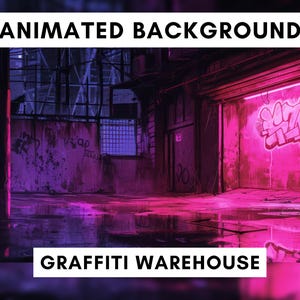 May include: A pink and purple animated background with a graffiti warehouse scene. The warehouse has a large garage door with pink neon lights and graffiti on the wall. The floor is wet and reflects the pink and purple lights.