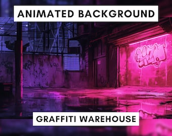 Può includere: Uno sfondo animato rosa e viola con una scena di magazzino con graffiti. Il magazzino ha un grande portone del garage con luci al neon rosa e graffiti sul muro. Il pavimento è bagnato e riflette le luci rosa e viola.
