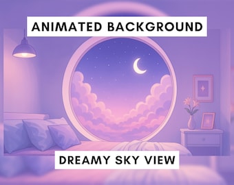 Vtuber Animated Background for Twitch, Vtuber bedroom, Lilac, Purple, Starry Sky, Vtuber room, Calming Sky, lofi stream overlay, moon