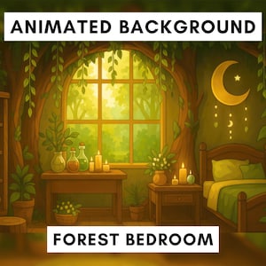 May include: Animated background image of a forest bedroom. The room features a wooden bed, a small table with candles, and a large window. The room is decorated with plants and a crescent moon. Text on the image says "ANIMATED BACKGROUND" and "FOREST BEDROOM".