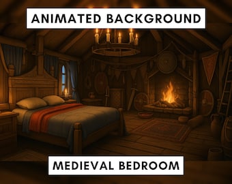 Animated Background for Twitch, Medieval Bedroom, Viking Room, Cozy Fireplace, Vtuber background, lofi stream