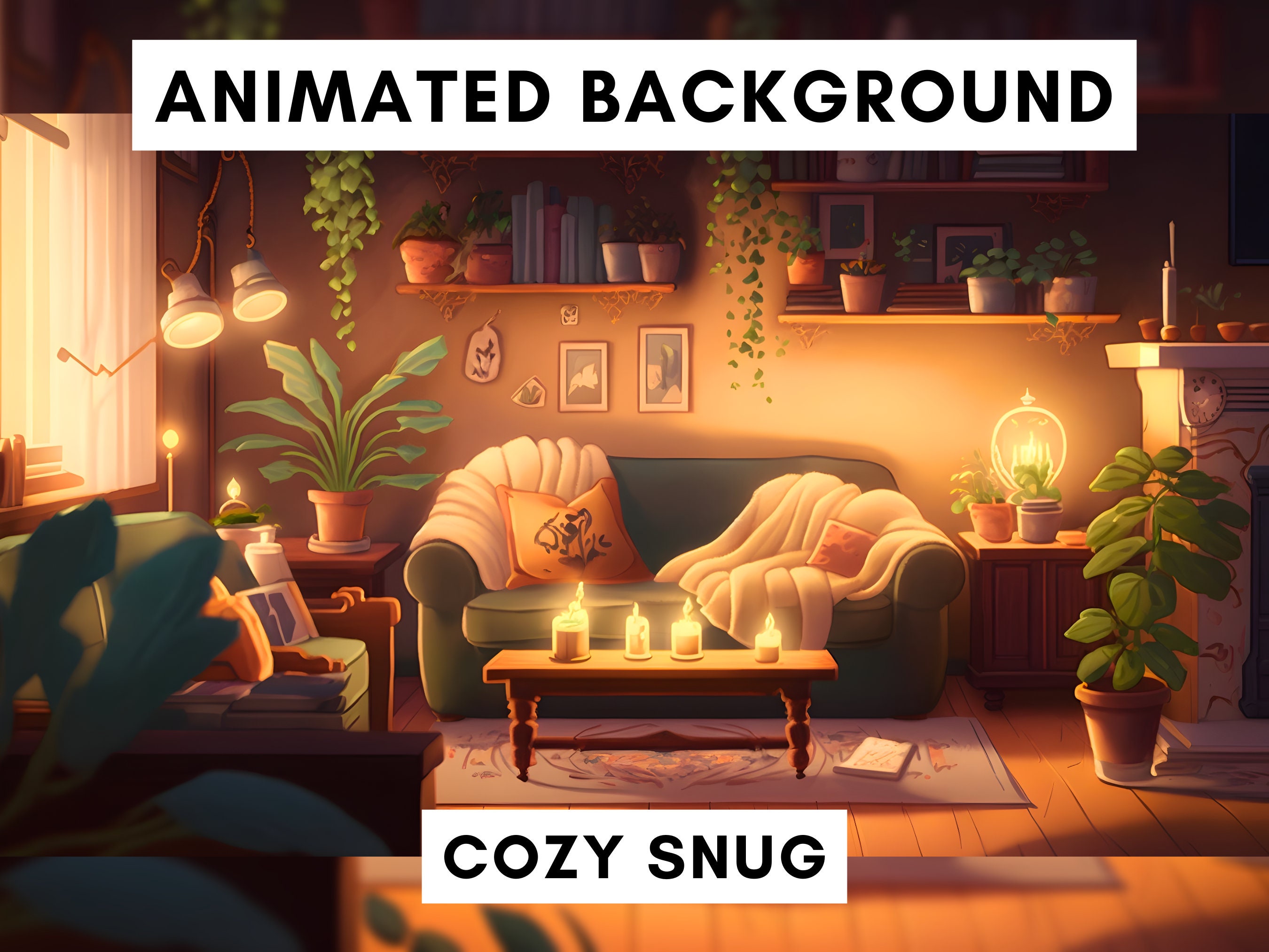 Animated Background for Twitch, Cozy snug, lofi stream overlay, looped background, cozy ambience style, looped vtuber background, cute warm