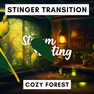May include: A cozy forest scene with a window looking out onto a forest.  The room has a wooden table with a lantern, books, and a bottle.  The text "Stinger Transition" and "Cozy Forest" are visible in the image.