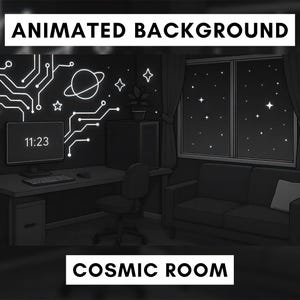 Könnte beinhalten: Schwarz-Weiß-Illustration eines kosmischen Raums mit dem Text "ANIMATED BACKGROUND" und "COSMIC ROOM". Der Raum zeigt einen Schreibtisch mit Computer, ein Sofa und ein Fenster mit Sternenhimmel. Die Uhrzeit auf dem Computer ist 11:23.