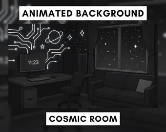 Vtuber Animated Background, Black and White Bedroom, Night sky, Starry Room, Twitch Stream Overlay, Gaming Room, Planets, Looped Video