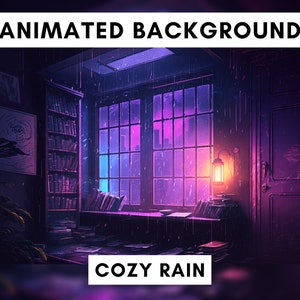 Könnte beinhalten: Eine digitale Illustration eines gemütlichen Raumes mit einem Fenster, das auf eine Stadt bei Nacht blickt. Es regnet draußen und der Raum wird von einer Lampe beleuchtet. Der Text "Cozy Rain" befindet sich am unteren Rand des Bildes.