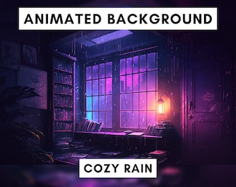 Fondo animado de Vtuber para Twitch, lluvia Cyberpunk lofi, superposición de flujo púrpura, fondo en bucle, fondo vtuber de estilo ambiente acogedor