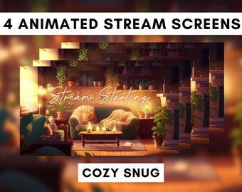May include: Four animated stream screens featuring a cozy living room scene with a couch, fireplace, plants, and candles. The text "Stream Starting" is displayed in neon pink letters.
