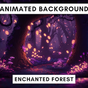 Animierter Hintergrund für Twitch, Lila verzauberter Wald, Vtuber Hintergrund animiert, Fantasy Lofi Stream Overlay, geloopter Hintergrund, gemütlich