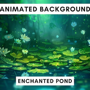 Könnte beinhalten: Ein animierter Hintergrund mit einem Teich mit Seerosen und Seerosenblättern. Der Teich ist von üppigem Grün und leuchtenden Lichtern umgeben. Der Text "ENCHANTED POND" befindet sich am unteren Rand des Bildes.
