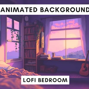 Puede incluir: Una ilustración digital de un dormitorio con una ventana que da a una puesta de sol. La habitación tiene una cama con una manta blanca y naranja, una estantería llena de libros, una guitarra apoyada en la pared y un reloj en la pared. El texto "LOFI BEDROOM" está en la parte inferior de la imagen.