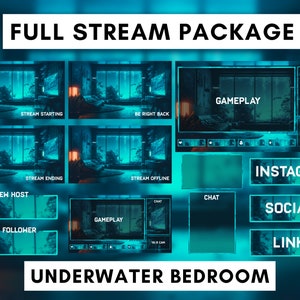 Pacote de stream animado para Twitch, sobreposição de stream, fundo animado, painéis Twitch, alertas animados, tema de quarto azul, Vtuber, Lofi